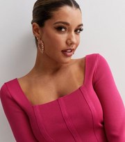 New Look Mid Pink Ribbed Knit Long Sleeve Corset Top